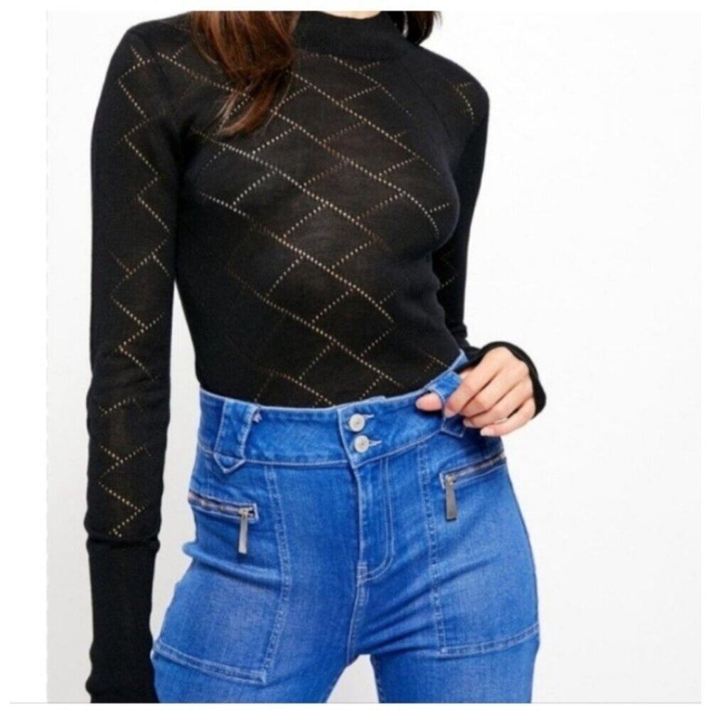 Free People Intimately What's The Pointelle Black Long‎ Sleeve Bodysuit XS